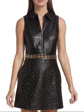 Alice + Olivia Black Quilted Faux Leather Mini Dress with Gold Chain Waist